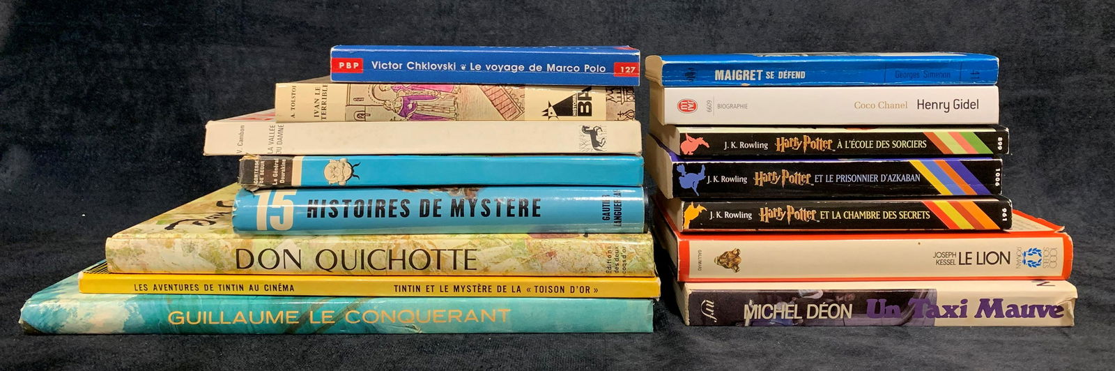 French Books and Novels: A collection of 15 French books and novels. Titles include, "Coco Chanel", "Se Defend", "Le Voyage de Marco Polo", "Harry Potteret le Prisonnier d'Azkaban", "Harry Potter et la Chambre des Secrets", "
