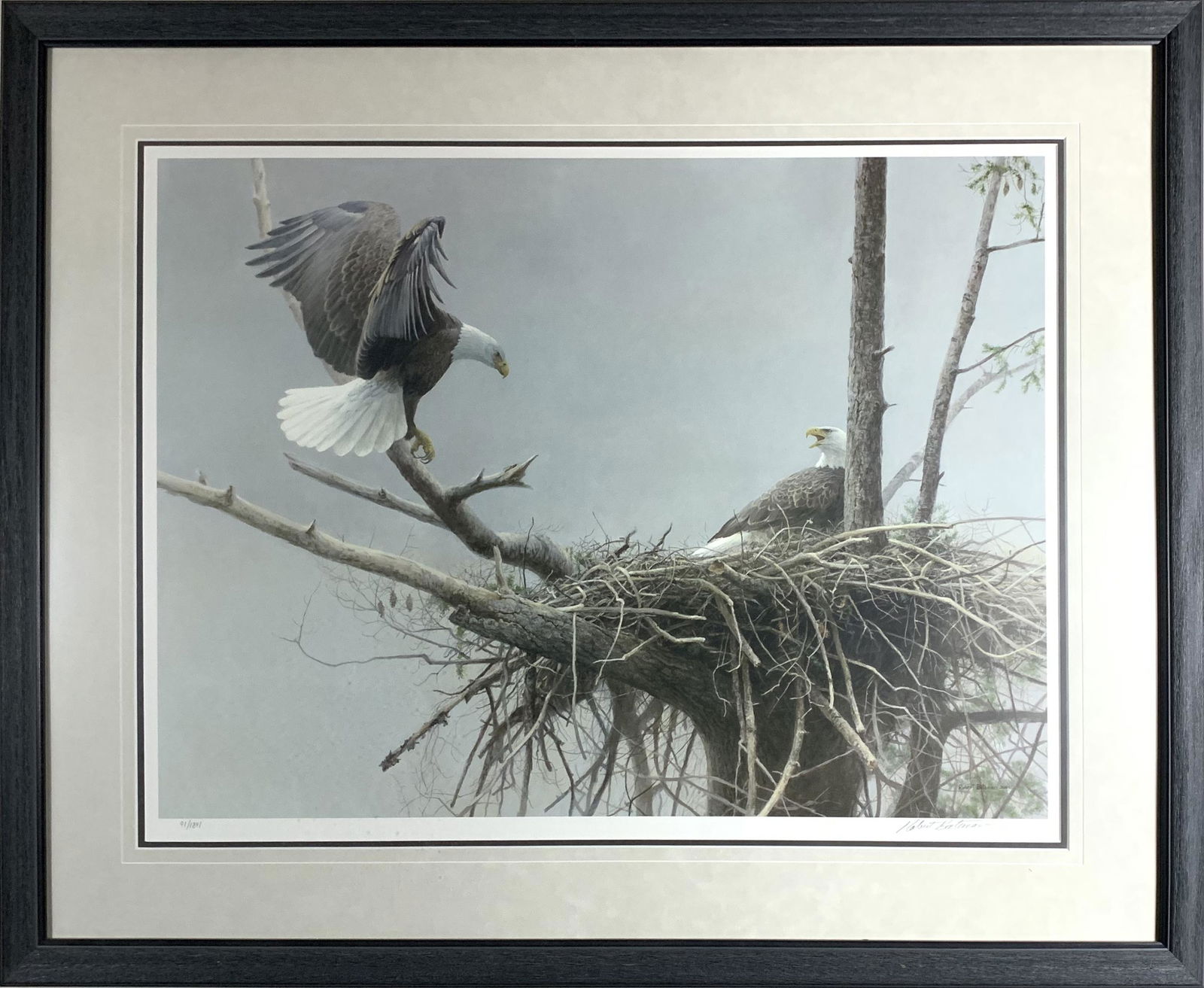 Robert Bateman's "The Return - Bald Eagle Pair" LE: Robert Bateman's "The Return - Bald Eagle Pair" limited edition print, signed and numbered 91/1841. This piece has been professionally double matted using acid-free matting, and has been custom framed