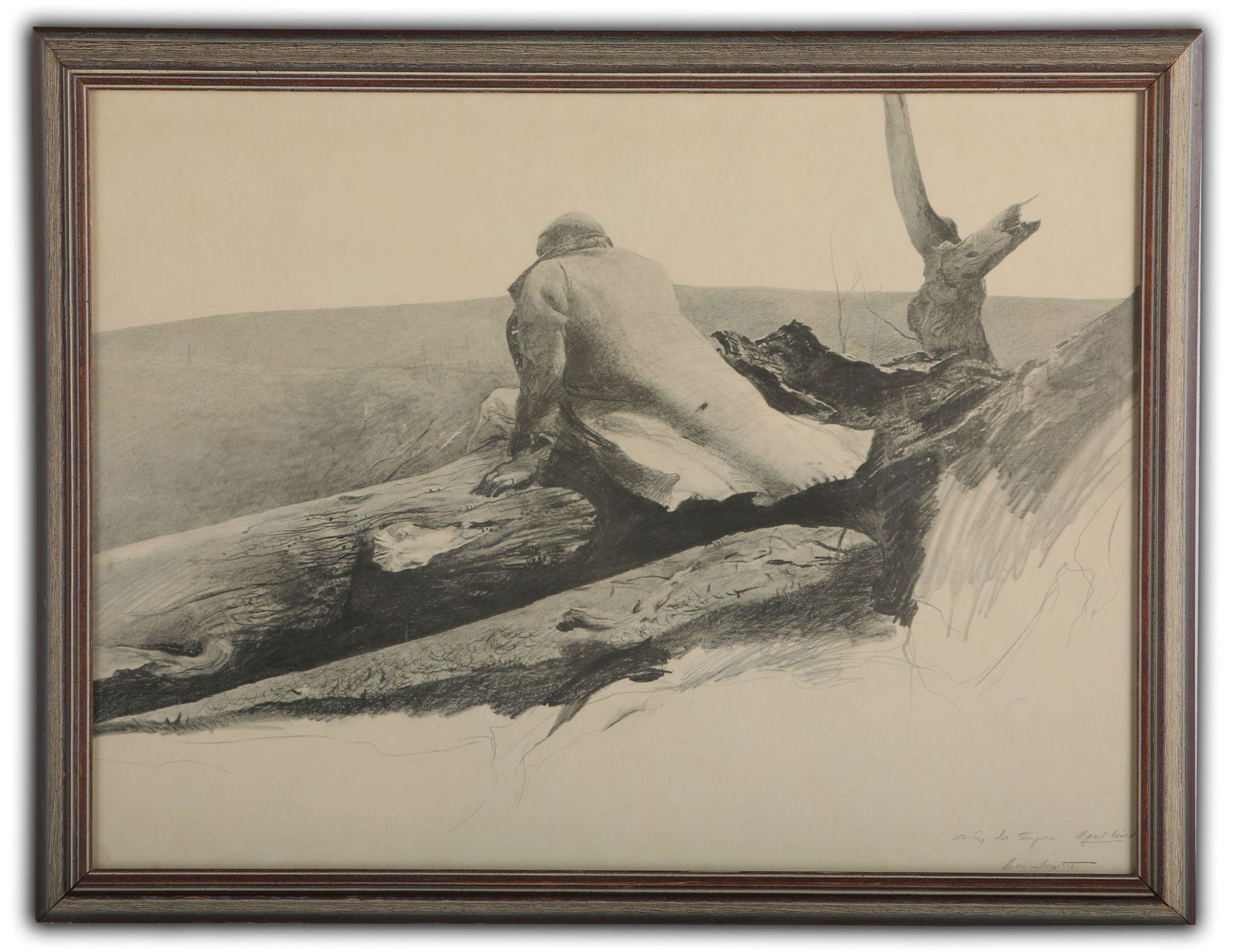 Andrew Wyeth "Study For April Wind" Black and White: A beautiful black and white pencil sketch print by Andrew Wyeth, titled, "Study For April Wind". This piece is of a man sitting on a log looking out into a mountain in the background, and has been pro