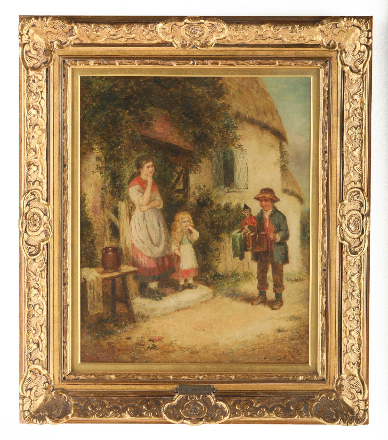 Mark William Langlois' "Young Organ Grinder Puppeteer": Mark William Langlois' "Young Organ Grinder Puppeteer" original oil canvas, signed lower right. Art. Image- 21" x 17". Frame- 29 1/4" x 25".