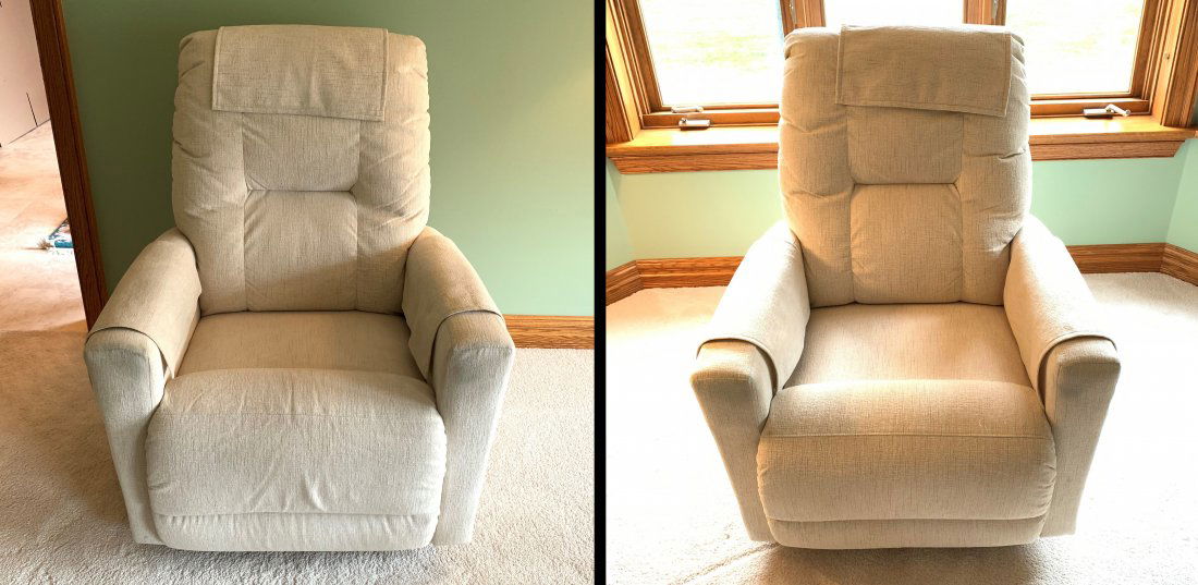 Pair of Vintage Beige La-Z Boy Recliners: A pair of vintage beige La-Z Boy relciner chairs. Each chair is in excellent condition, as they were barely used. This lot must be picked up from Alliston, Ontario. Furniture. Each: 38" x 31 1/2" x 41