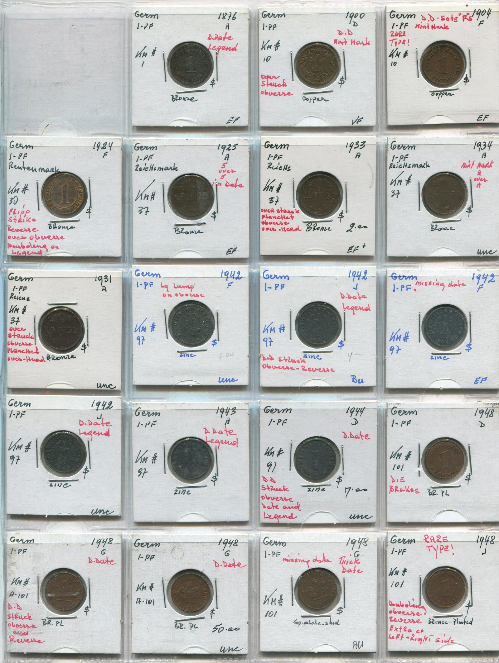 Germany 1876-1948 1 Pfennig Coin Collection (1 of 2)