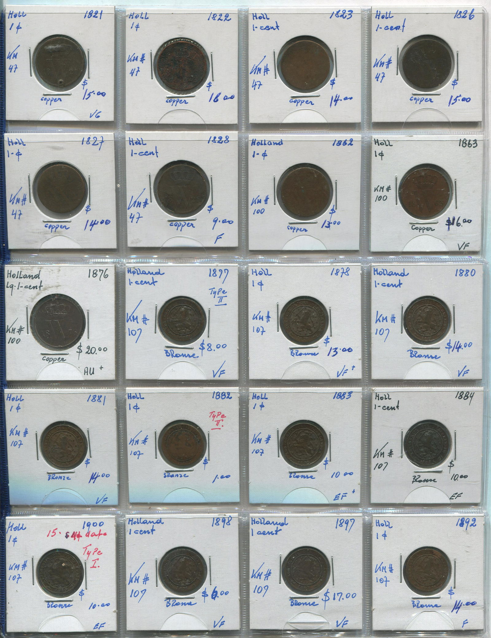 Netherlands 1821-92 1 Cent Coin Collection (1 of 2)