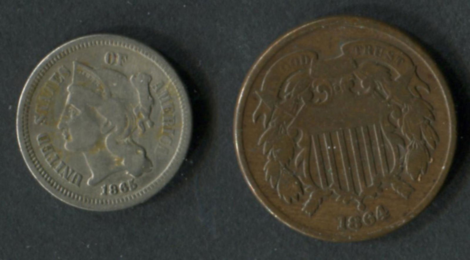 USA 1865 3c Silver & 1864 1c Coins (1 of 2)