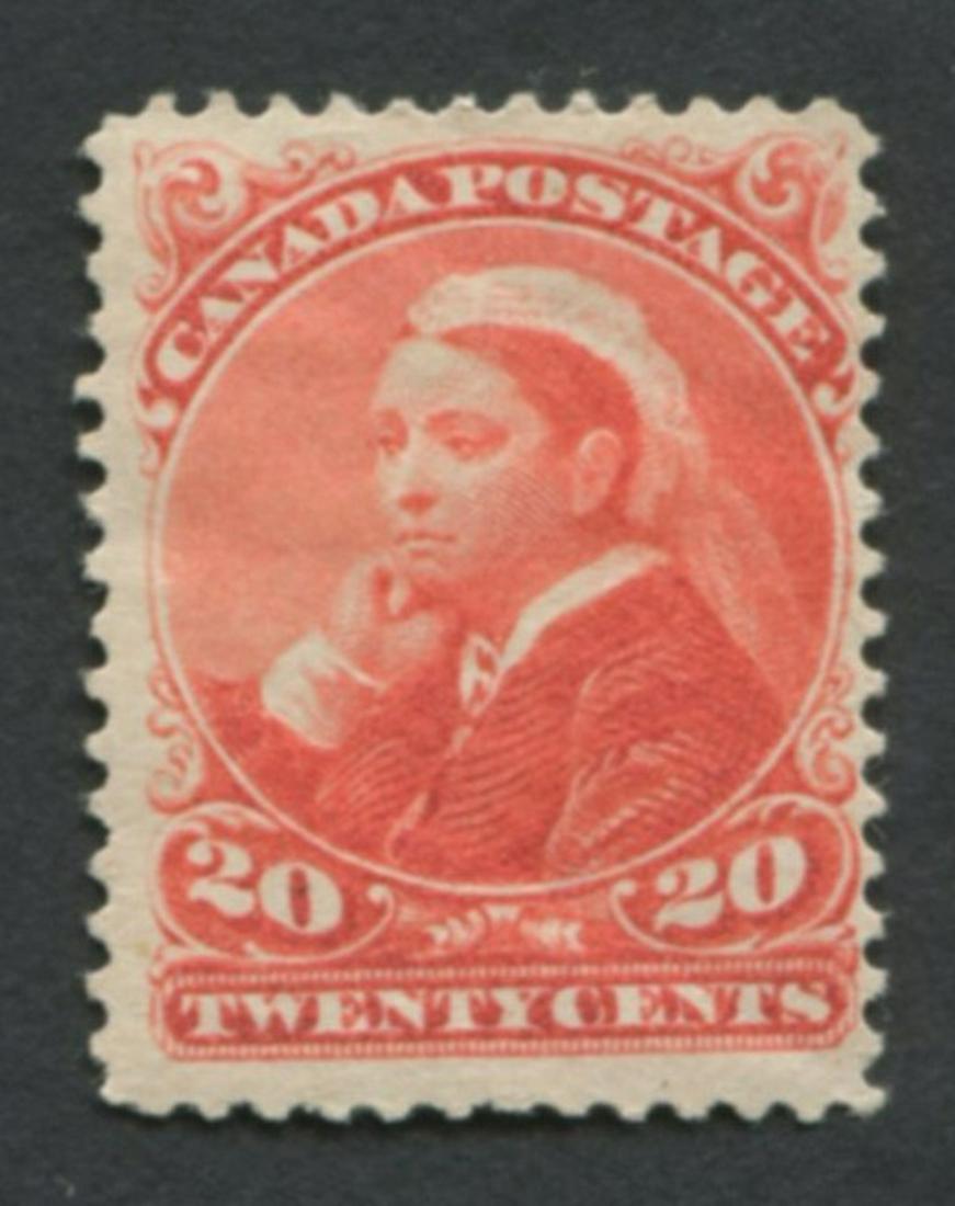 Canada 1893 #46 20c Vermillion Stamp MH VF OG: Canada 1893 #46 20c Vermillion MH (mint hinged) VF (very fine) OG (original gum). Stamp has beautiful fresh colour. There is a light crease that is only visible from the back. Unitrade value = $600. C