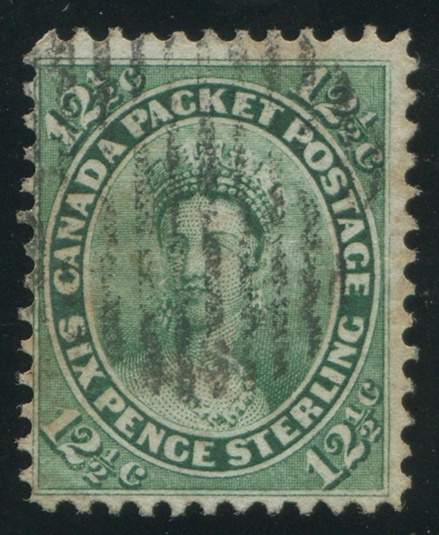 Canada 1859 #18 12 1/2 Cent Yellow Green F: Canada 1859 #18 12 1/2 Cent Yellow Green F. Great looking perfs, and a nice roller cancel. S/C Value = $150.