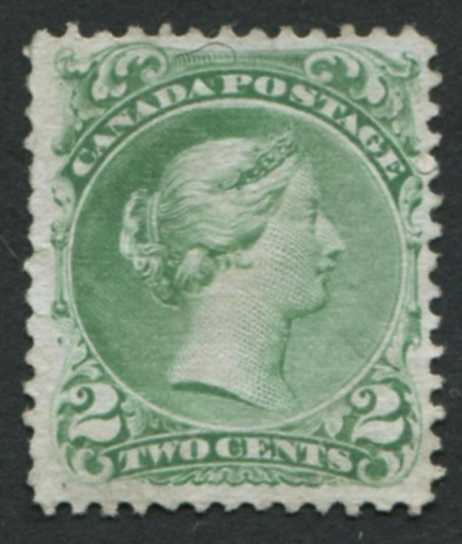 Canada 1868 #24 2c Green VF NG: Canada = Rare Victoria Mint Stamp -1868 ,#24 2 cents gree V,F, - Unitrade $1,400 - Stamp is bright and fresh-No gum