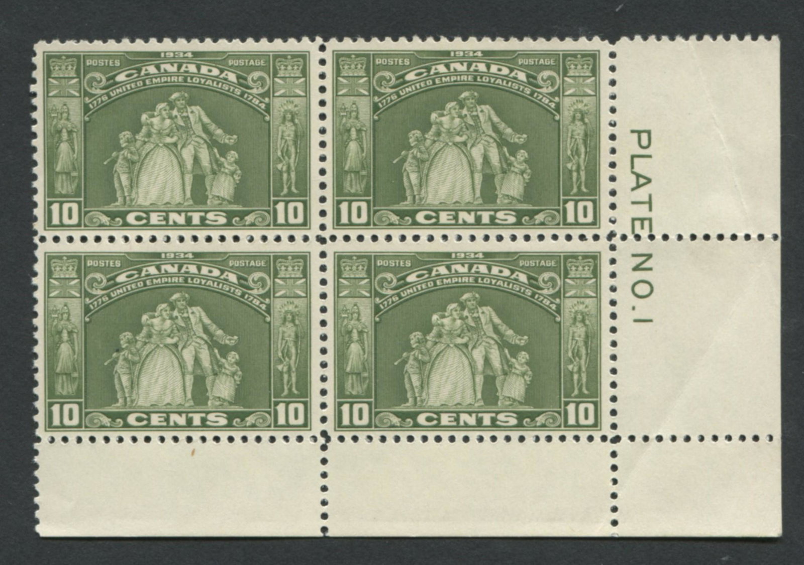 Canada 1934 #209 10c MNH VF OG PB1 Stamp: Canada 1934 #209 10c MNH (mint never hinged) VF (very fine) OG (original gum) PB1 (plate block 1), block of 4. "Loyalist Statue". Unitrade value = $480