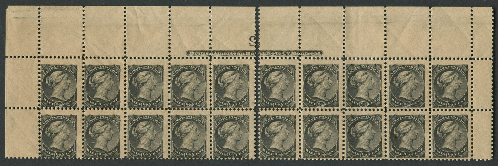 Canada Queen Victoria Small Queens: Canada Queen Victoria small queens. Unitrade # 34 , 1/2 cent black , 1882 . 2 strips of 10 each . Produced by the British American Bank Note Company. Stamps = MNH . See photos.