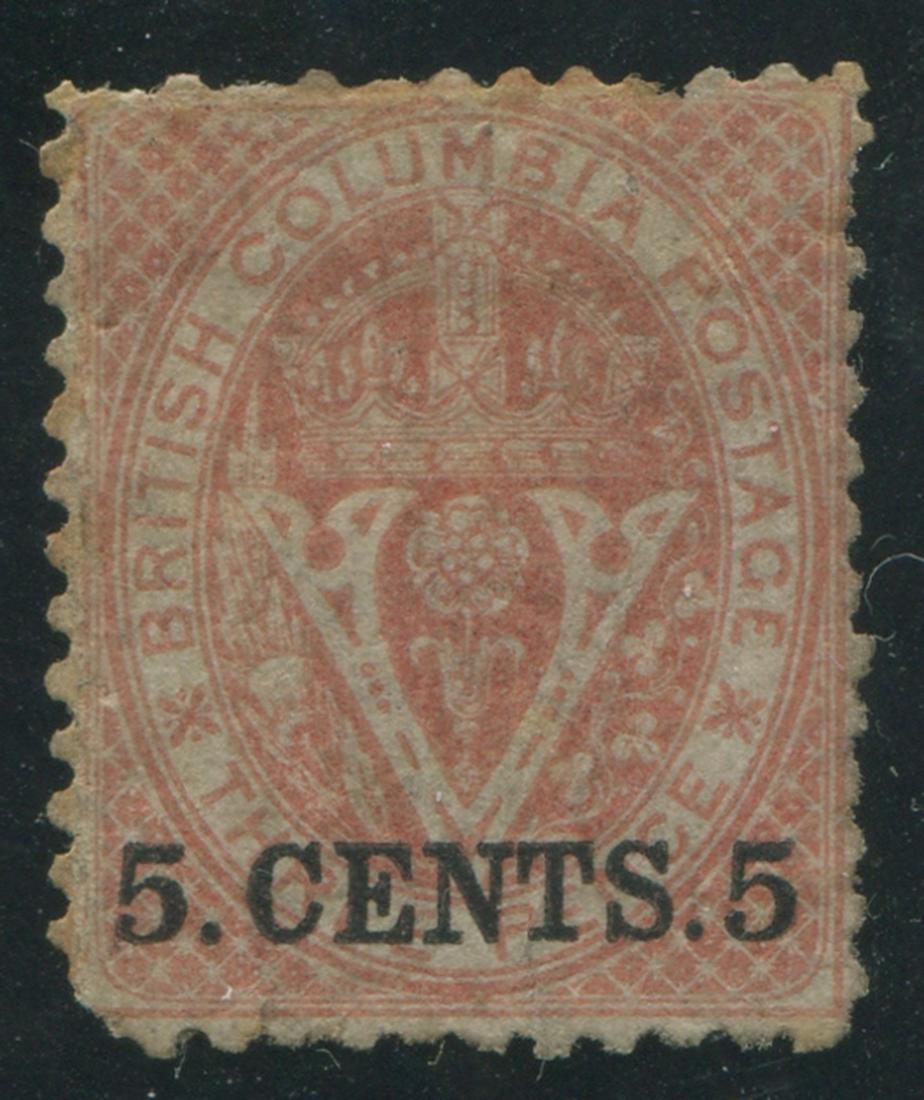 British Columbia 1869 #14 5c on 3d Bright Red MH OG: Canada British Columbia 1869 #14 5 cent on 3 pence bright red MH (mint hinged) OG (original gum). A very well centred stamp for the issue, with some of its original gum. A strong example of this rare 