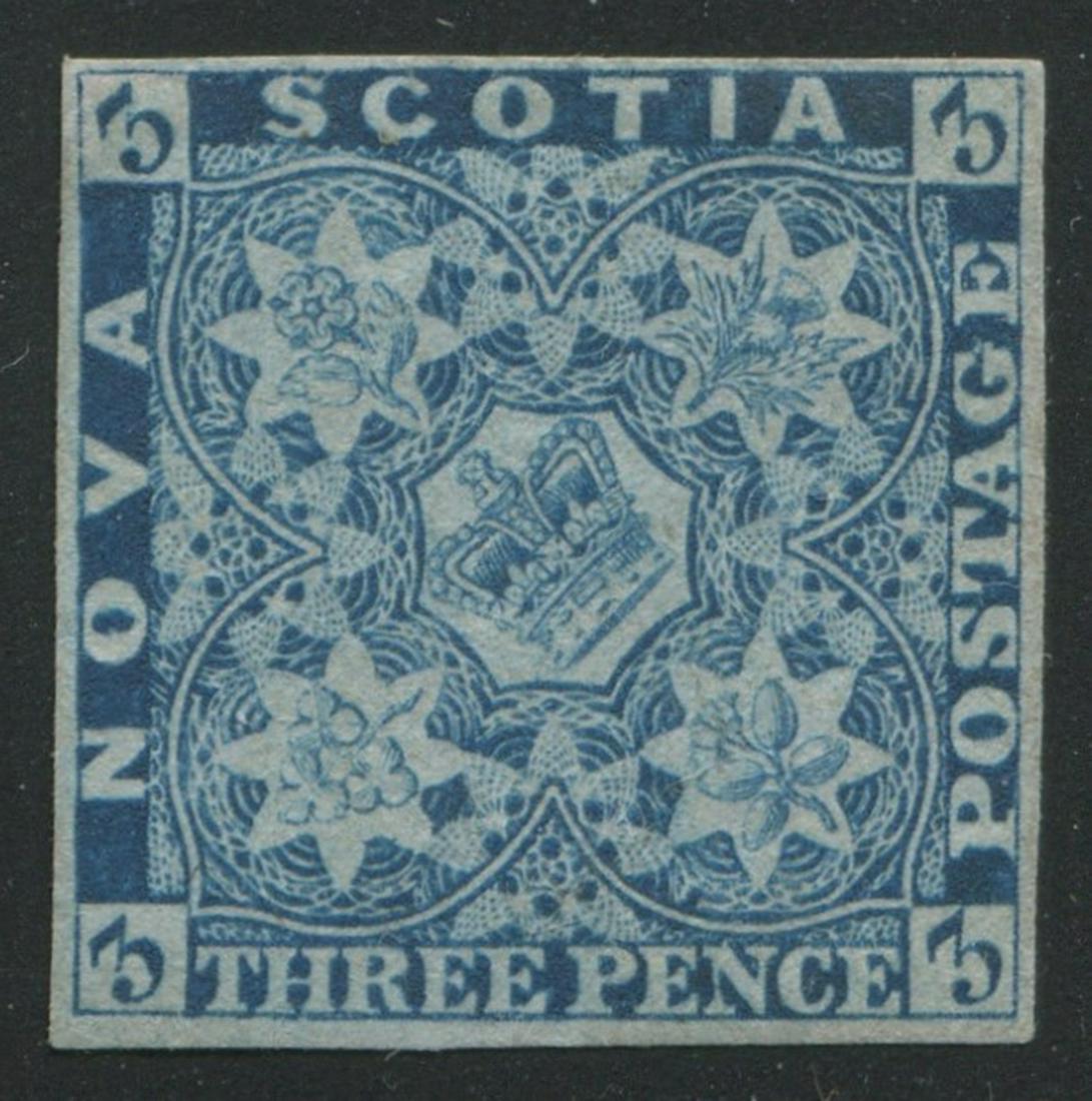 Nova Scotia 1851 #2 3d Blue VF M/LH/ No Gum: Nova Scotia rare three pence stamp. 1851 , # 2 3d blue VF M/LH/no gum. Unitrade value = $1,600