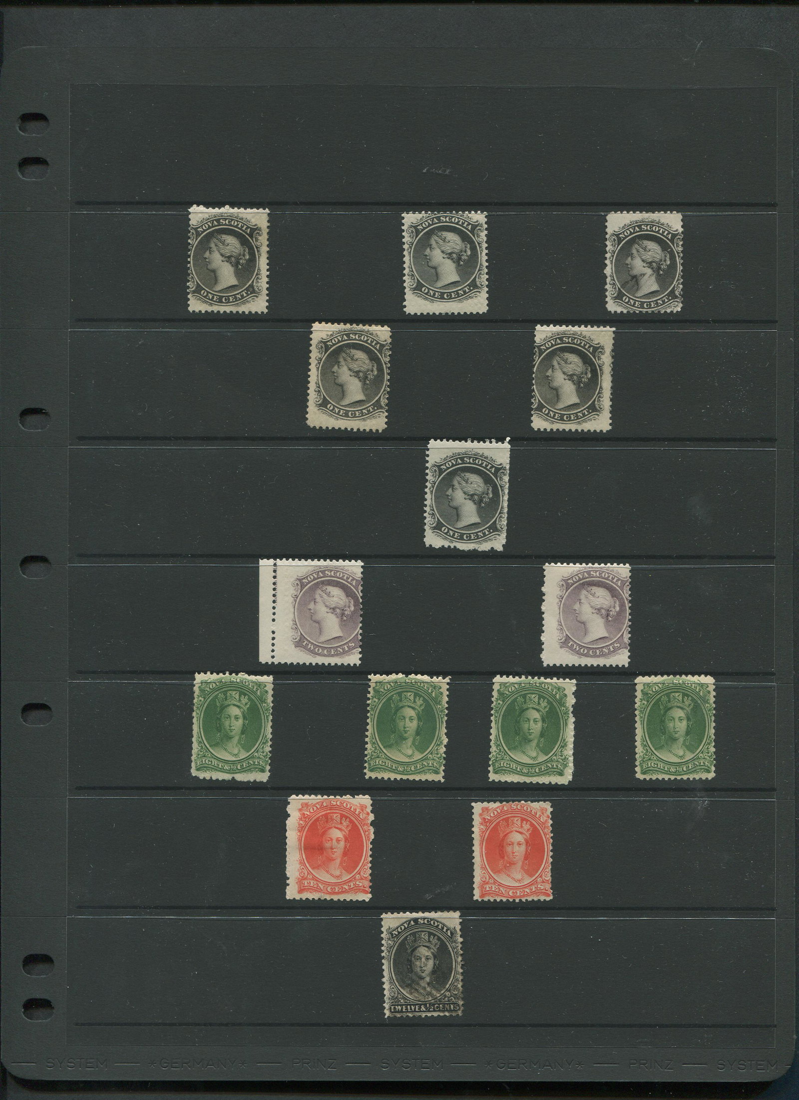 Nova Scotia 1860-1863 #8-#13: Canada Nova Scotia 1860-1863 #8-#13. 11 stamps are mint with original gum, and 4 are unused with no gum. Please see photo.