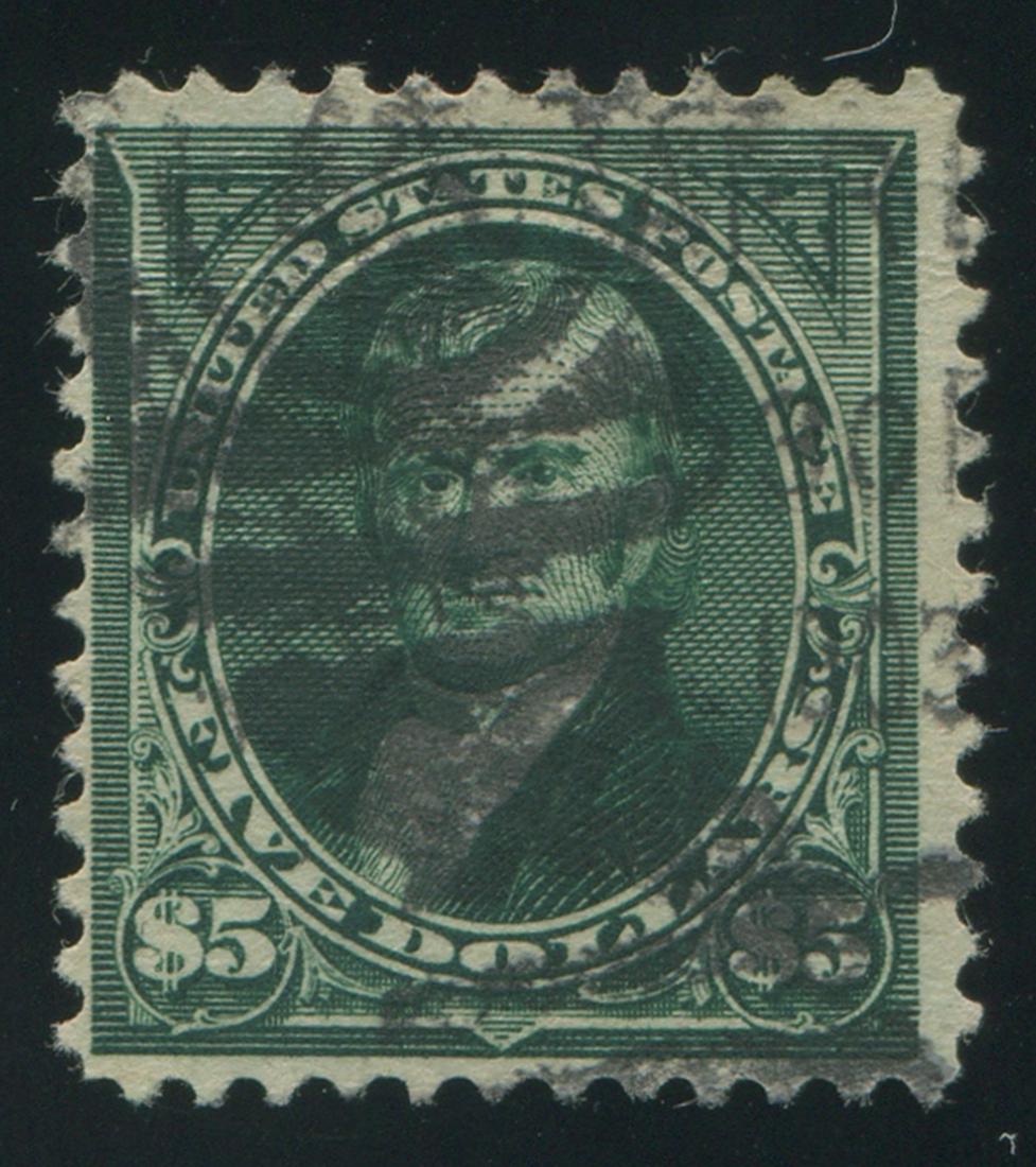 USA 1895 #278 $5 Dark Green: USA 1895 #278 $5 Dark Green. A rare stamp with 4 clear margins. S/C Value = $600.