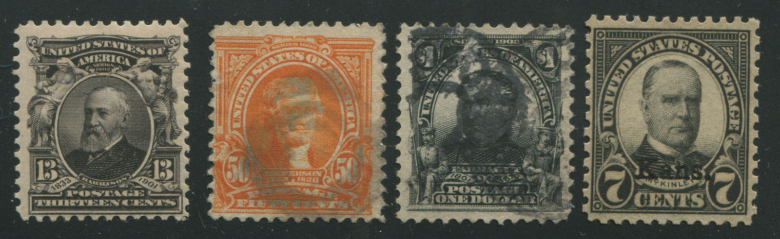 USA 1902-1921 #308-#665 Stamp Collection: USA 1902 to 1921 #308-#665 stamp collection. #308 13 cent purple black= $40, #310 50 cent orage= $35. #311 $1 black= $90. #665 NH 7 cent black= $50. Total S/C Value = $215.