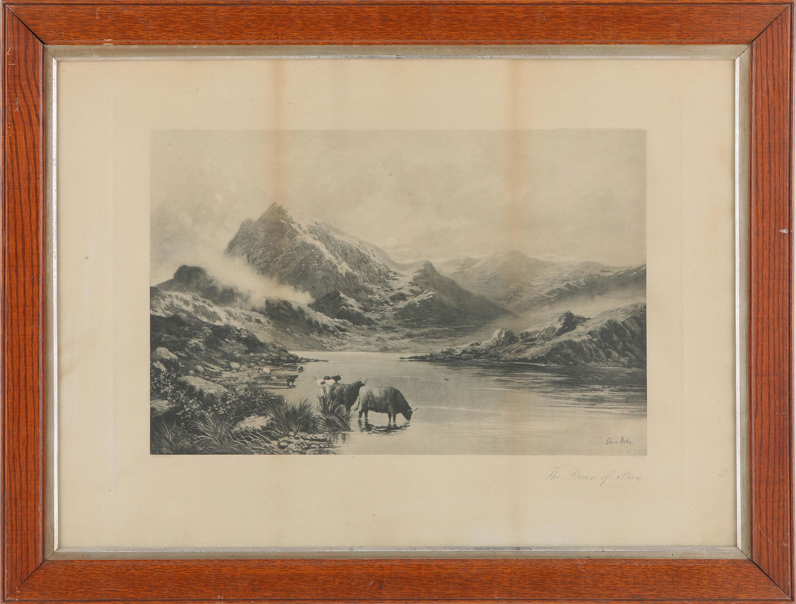 David Hicks' "The Dawn of Day" Framed Print: David Hicks' "The Dawn of Day" framed print. This piece is of yaks drinking from a stream, at the base of a mountain range. This piece has been professionally custom framed under glass. Image- 14" x 2