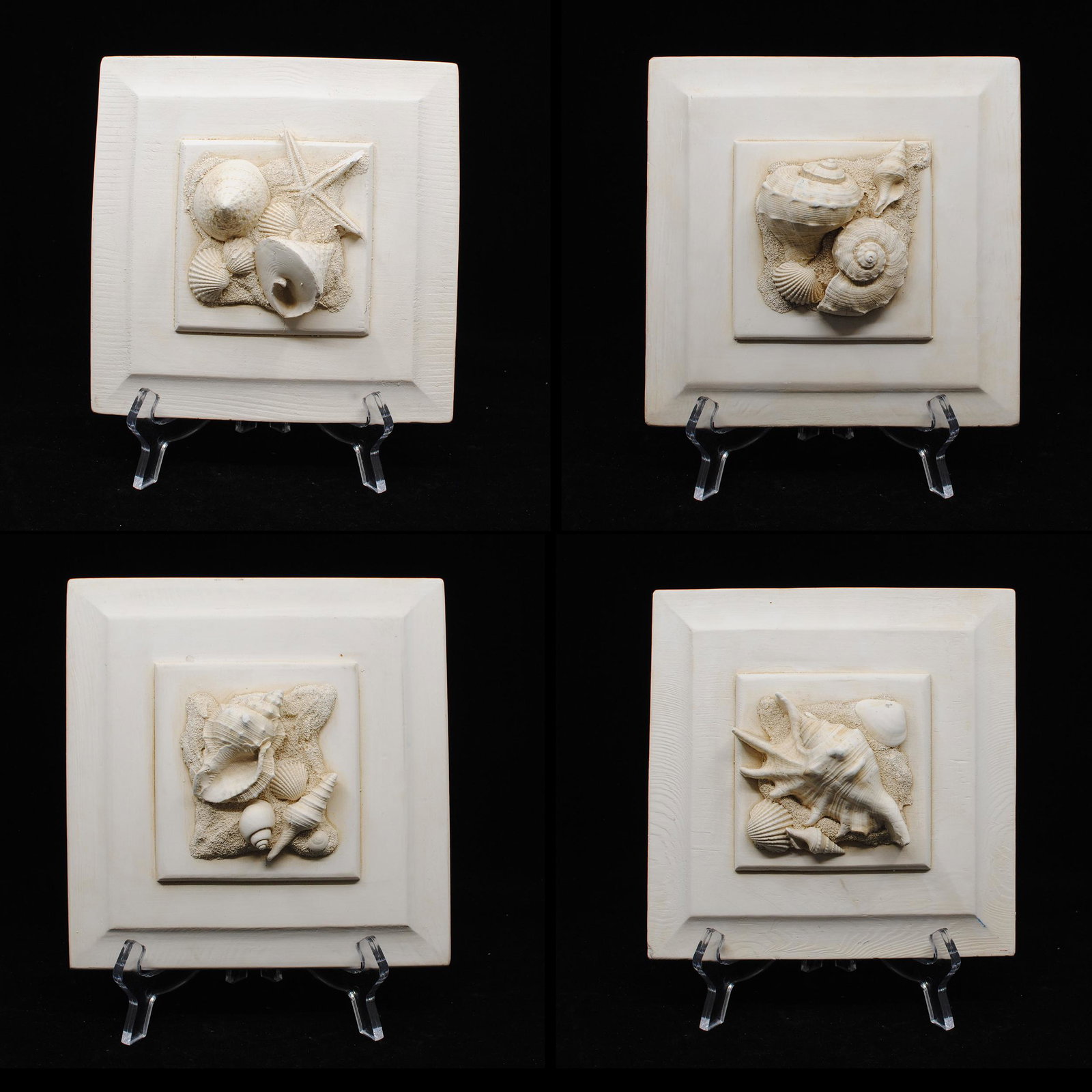 Plaster Sea Shell Moulds Set of Four: Set of four plaster sea shell moulds. The relief is very striking, and sea shells are very clear. Each- 8 1/2" x 8 1/2" x 2 1/2"