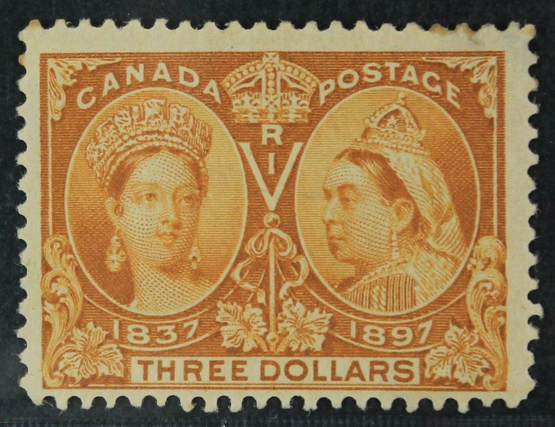 Canada 1897 #63 $3 Jubilee F+: Canada 1897 #63 $3 Jubilee F. A nice mint hinged example, with original gum, and minute thin that is barely visible. Unitrade Value = $1,600.
