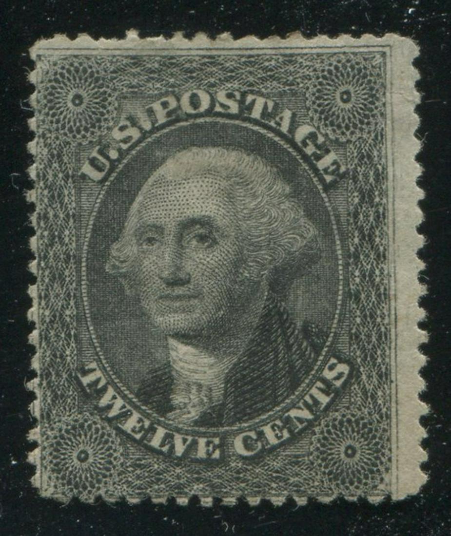 USA 1857-61 #36b 12c Black F UN: USA 1857-61 #36b 12c Black, fine, unused. Couple short/"nubbed" perfs here and there, slight discolouration in top margin, but very attractive, sharp looking example with a massive jumbo right margin.