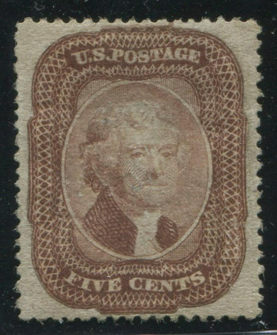 USA 1859 #29 5c Brown VF MHR: USA 1859 #29 5c Brown, very fine, mint, hinge remnant. Very well centred for the issue, and rare to find with original gum, therefore always a sought after issue. A few 'nubbed' perfs whoch do not det