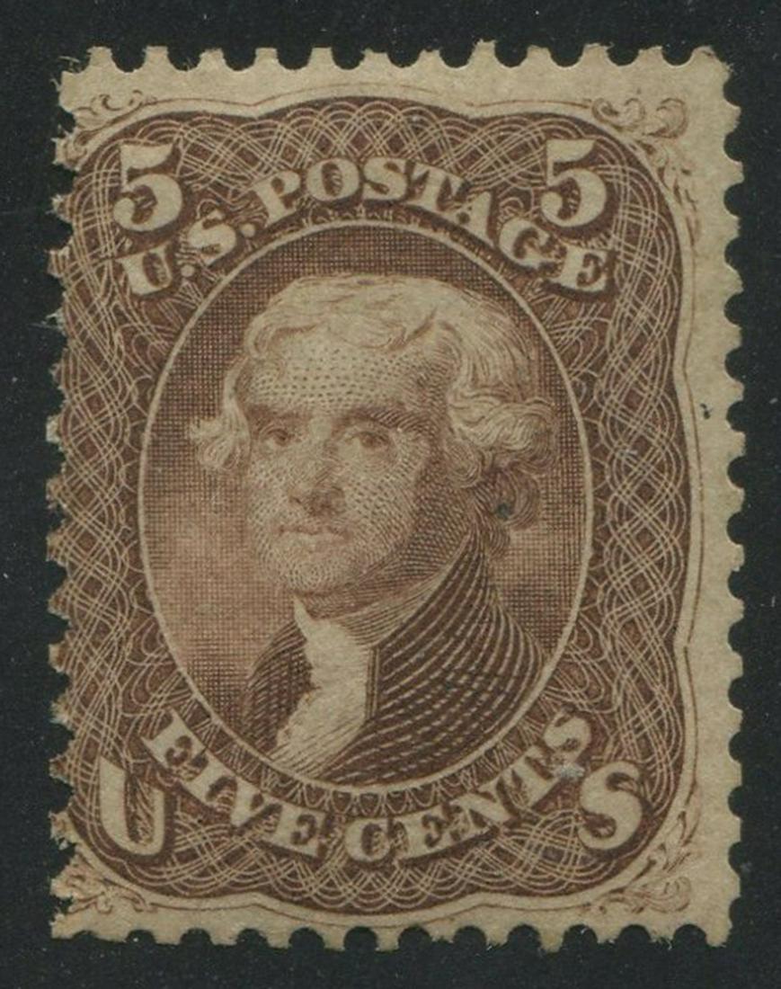 USA 1863 #76 5c Brown VG UN: USA 1863 #76 5c Brown, very good, unused. About 10% original gum, very small tone spot in Jefferson's ear, one pulled perf left side. Overall a nice stamp with solid colour. S/C 2021 value in VG is $1
