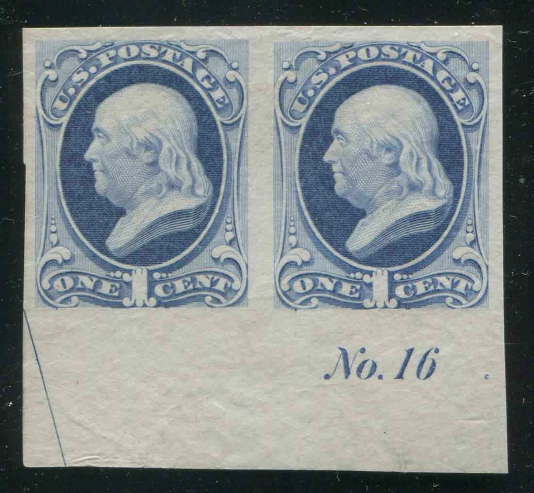 USA 1870-71 #145P3 1c Ultra on India Pair: USA 1870-71 #145P3 1c Ultra on India Pair. Remarkably fresh and crisp horizontal pair. Solid VF examples with inscription in selvage 'No. 16'.