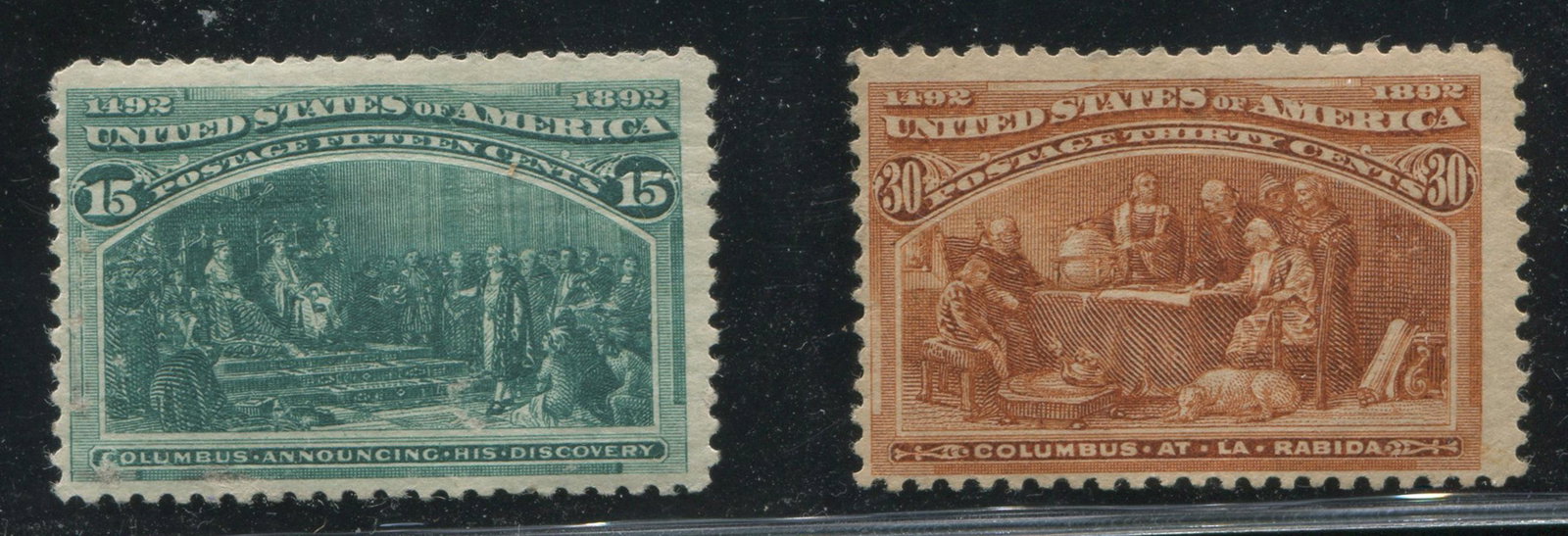 USA 1893 #238, #239 F MH: USA 1893 #238, #239, fine mint hinged. Both stamps have great looking original gum, some short/"nibbed" perfs, #238 has some discolouration lower left, and #239 is heavily hinged with a thin in the to
