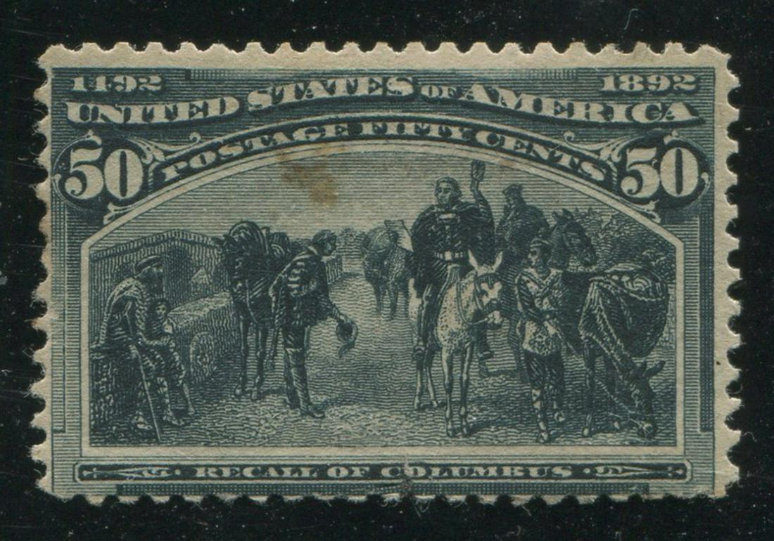 USA 1893 #240 50c Slate Blue VG MH: USA 1893 #240 50c Slate Blue, very good, mint hinged. Nice colour, strong toned spot, number of short perfs at the bottom, with some gum disturbance.