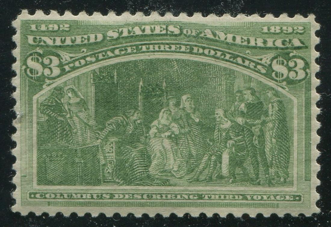 USA 1893 #243 $3 Yellow Green VF MNH: USA 1893 #243 $3 Yellow Green, very fine, mint never hinged. A very attractive and fresh example, and extremely difficult to acquire never hinged. Beautiful and pristine original gum. S/C 2021 value i