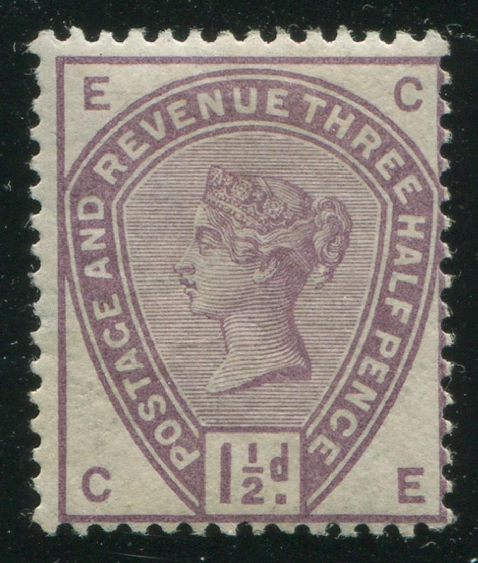 Great Britain 1884 #99 1 1/2p Lilac VG MNH: Great Britain 1884 #99 1 1/2p Lilac, very good, mint, never hinged. A nice, clean example with 75% of its original gum, with perfs into inner frame line on right. S/C 2021 value is $120 + MNH premium.