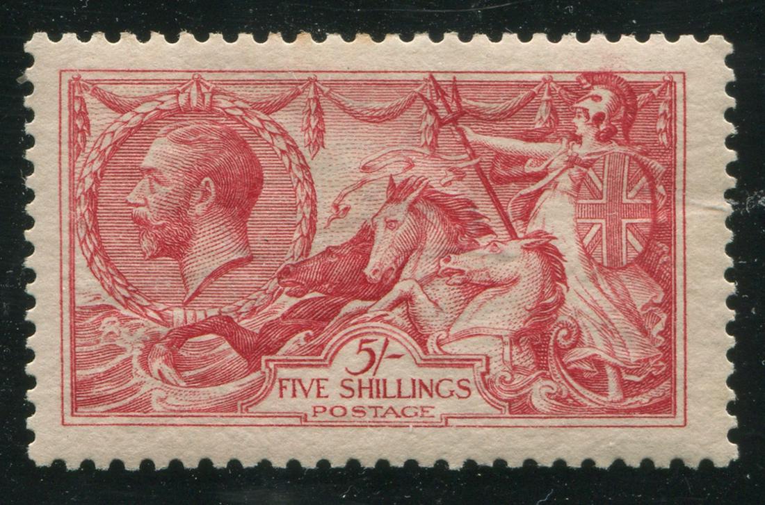 Great Britain 1915 #174a 5sh Bright Carmine F++ MH w/: Great Britain 1915 #174a 5sh Bright Carmine, fine++, mint hinged with distubred original gum. A bright and fresh example with a couple toned perfs at top. S/C 2021 value is $425.