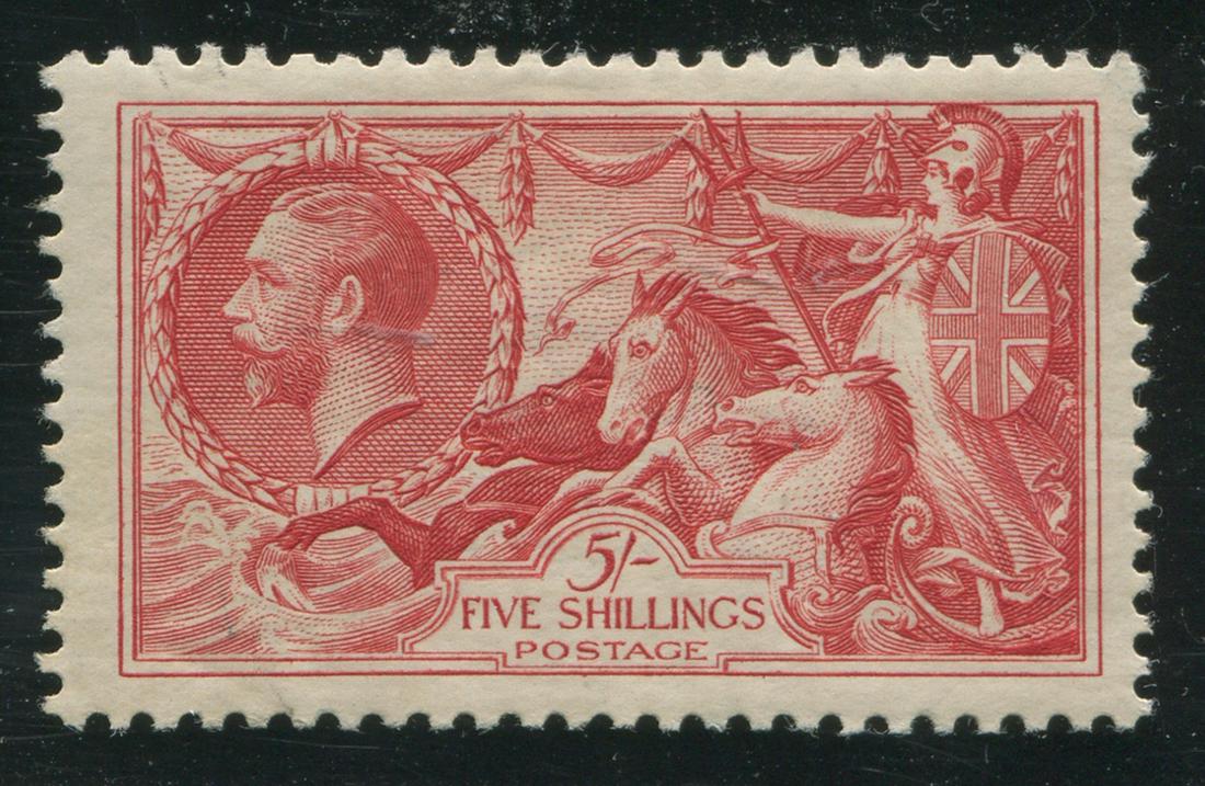 Great Britain 1919 #180 5sh Carmine Rose VF MLH: Great Britain 1919 #180 5sh Carmine Rose, very fine, mint, lightly hinged. Very sharp, fresh eye appealing example. Great looking perfs and very well centred. S/C 2021 value is $275.