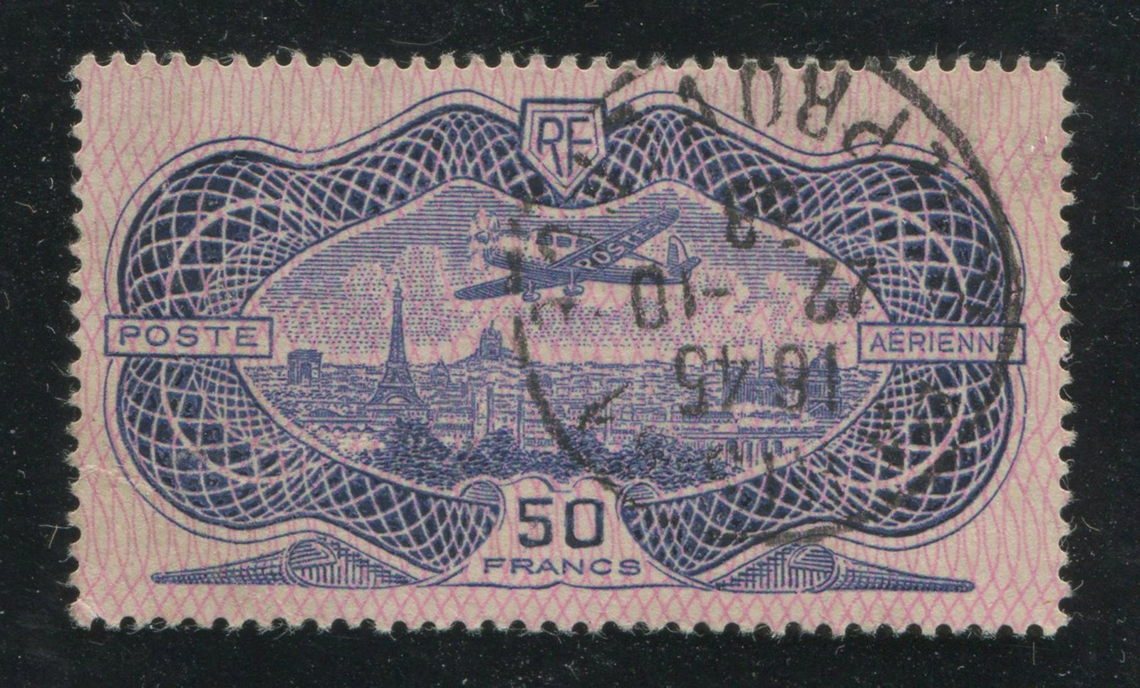 France 1936 S/G #541 50 Francs UVF: France 1936 Stanley Gibbons #541 50 Francs used, very fine. A nice, clean, fresh, eye appealing stamp. Perfs are sound with a fairly clear cancellation.
