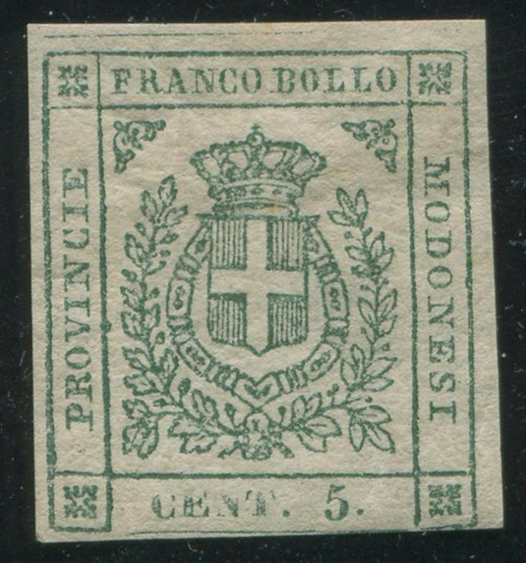 Modena 1859 #10 5c Green F UN: Modena 1859 #10 5c Green, fine, unused. Has just under half it orignal gum and hinged. Toned spot upper middle. S/C 2021 value is $1,375.