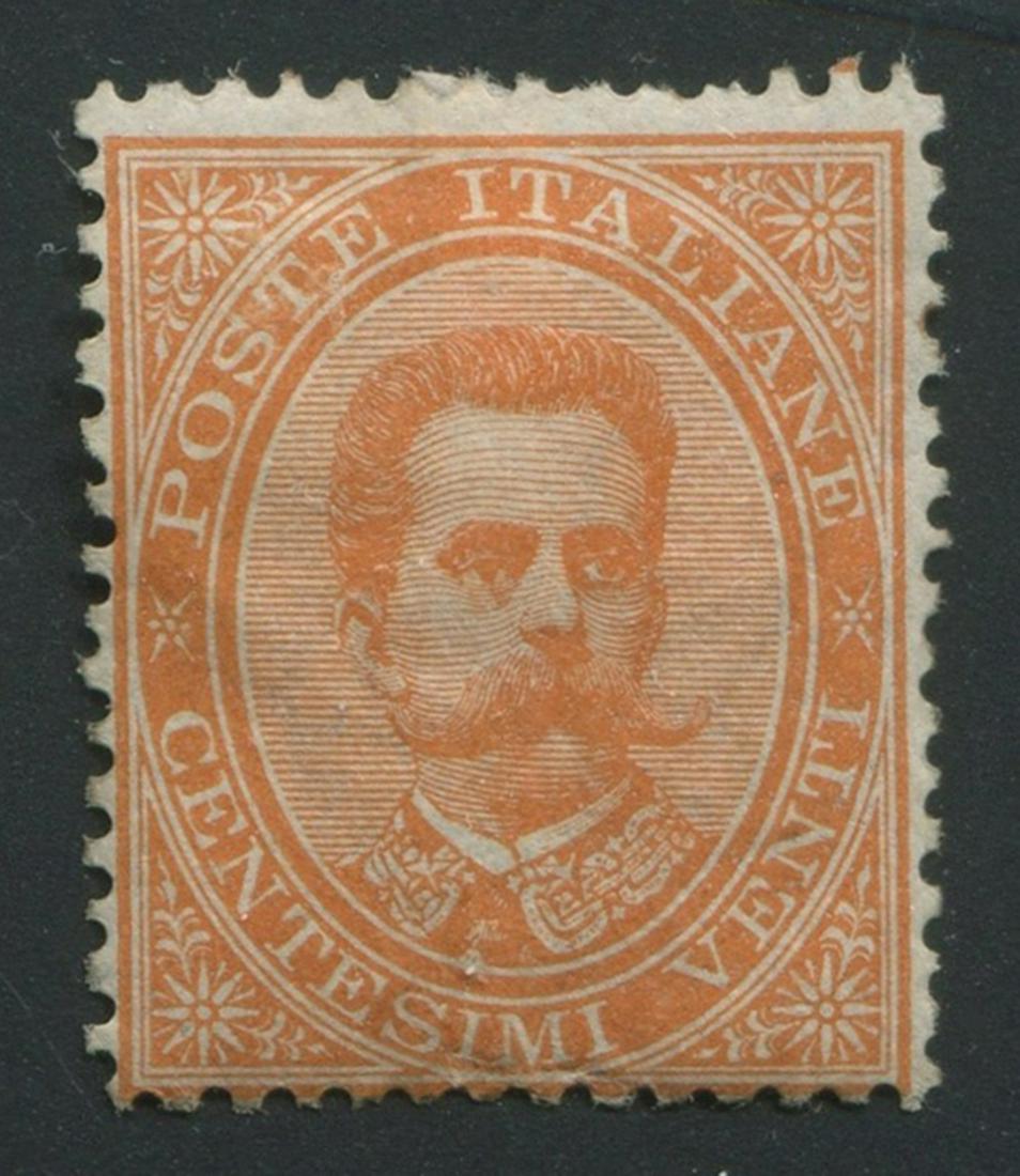 Italy 1879 #47 20c Orange F MH: Italy 1879 #47 20c Orange, fine, mint hinged. Nice original gum with ever so slight couple toned spots with a more noticeable toned spot in the upper middle margin. Few perf issues. Overall still an a