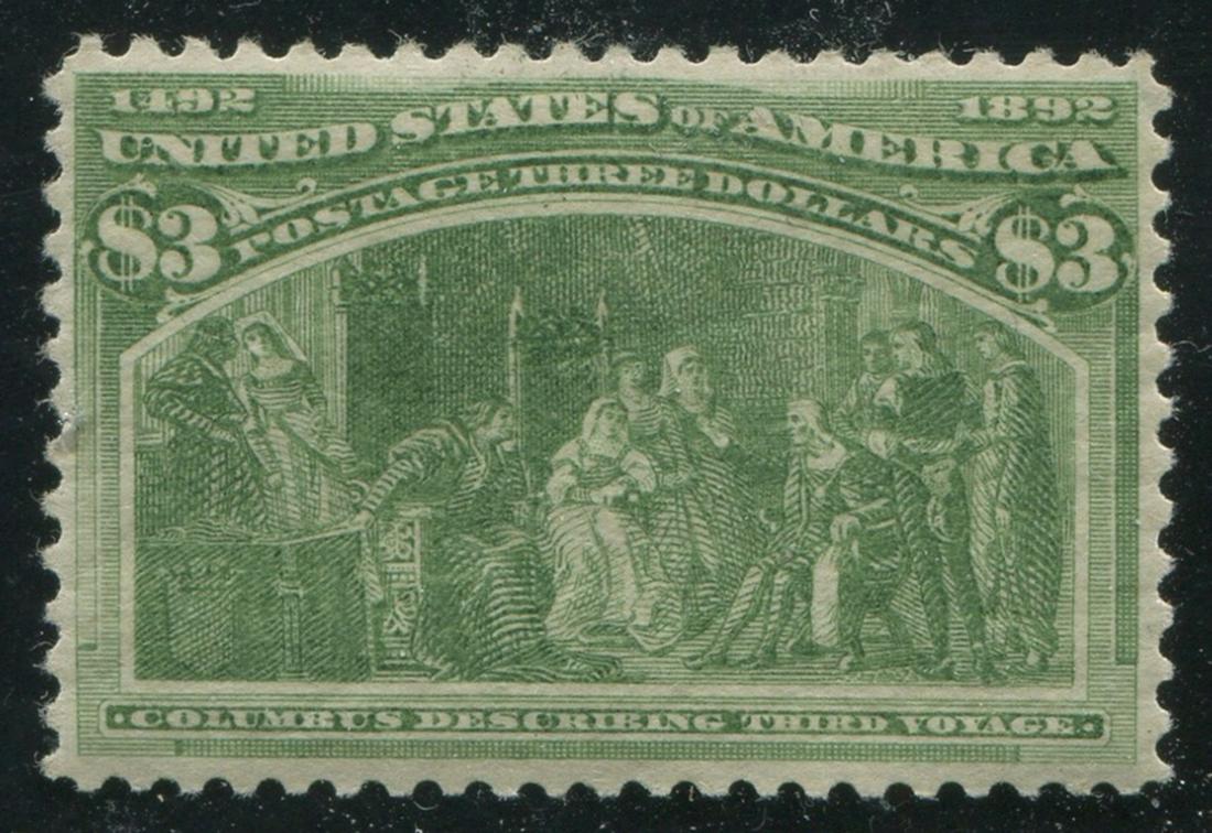 USA 1893 #243 $3 Yellow Green VF MNH: USA 1893 #243 $3 Yellow Green, very fine, mint never hinged. A very attractive and fresh example, and extremely difficult to acquire never hinged. Beautiful and pristine original gum. S/C 2021 value i