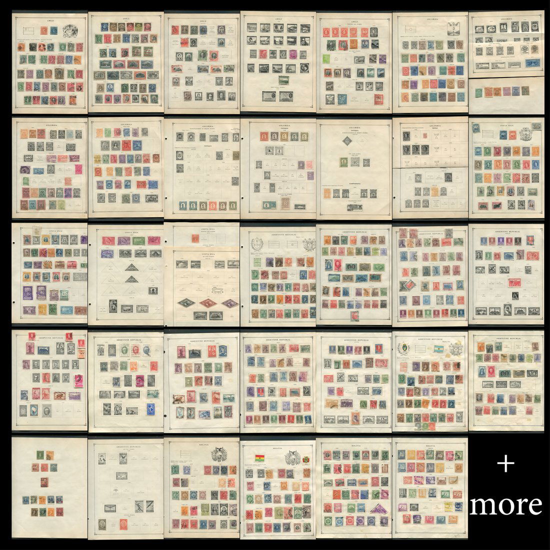 South America Stamp Collection 6: South America Stamp Collection containing stamps from Chile, Columbia, Costa Rica, Argentina, Bolivia, Brazil and Ecuador. This is a fairly large collection, hinged onto album pages. Please see photos