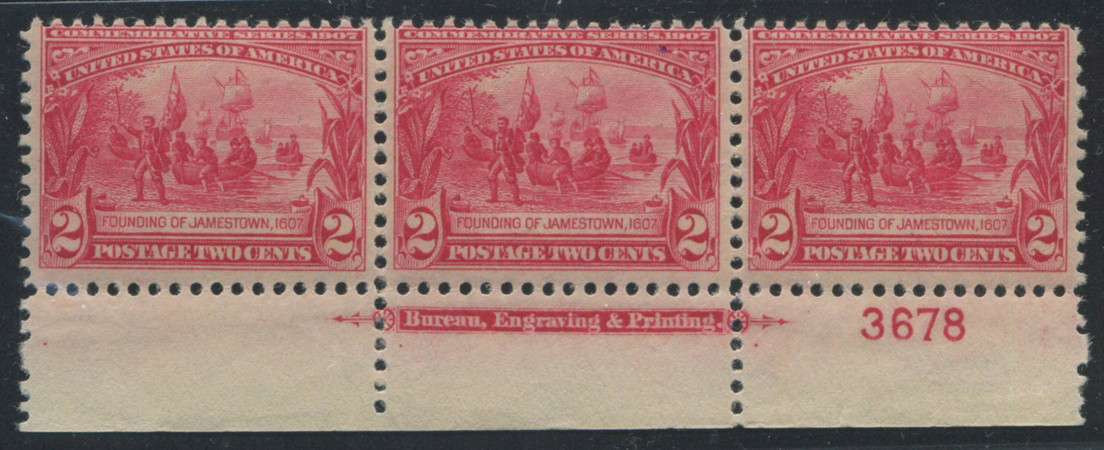 USA 1907 #329 2c Carmine Strip of 3 VG MNH: USA 1907 #329 2c Carmine Strip of 3 VG MNH. A fresh, bottom marginal strip with fantastic colour, pristine origianl gum, and inscription 3678. S/C 2021 value as singles is $80 each.