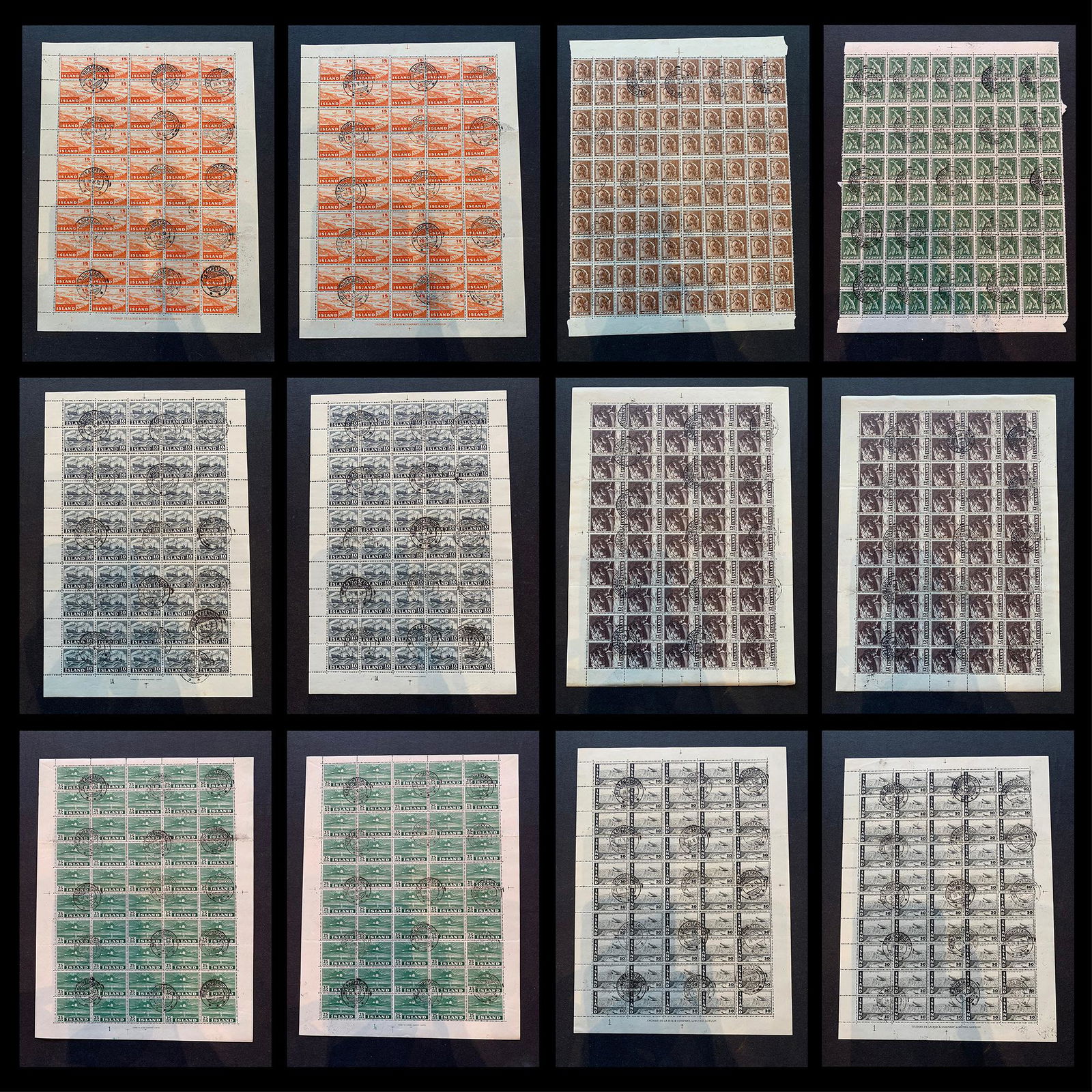 Iceland 1939-1954 #219/#258 CTO Full Sheets: An Iceland grouping of 14 full CTO sheets, all with original gum. Some light separation here and there, but attractive and f-vf throughout, housed in a mint sheet file. Includes #C21 ($150), #219 ($85