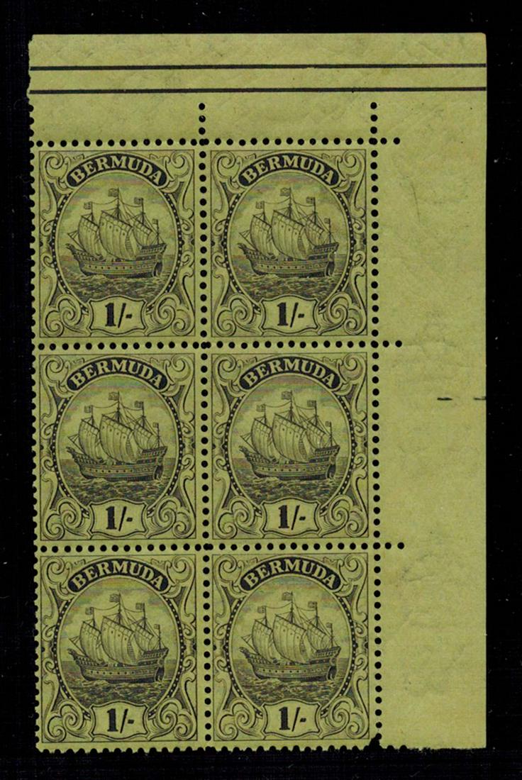 Bermuda 1934 #93 1sh Brown Black, Yellow Green Mint Block of 6: Bermuda 1934 #93 1sh Brown Black, Yellow Green, Mint Block of 6, top right margin example. A couple minor separations. Very heavily tropicalized gum. Scott as single- $255 Medium: Stamps