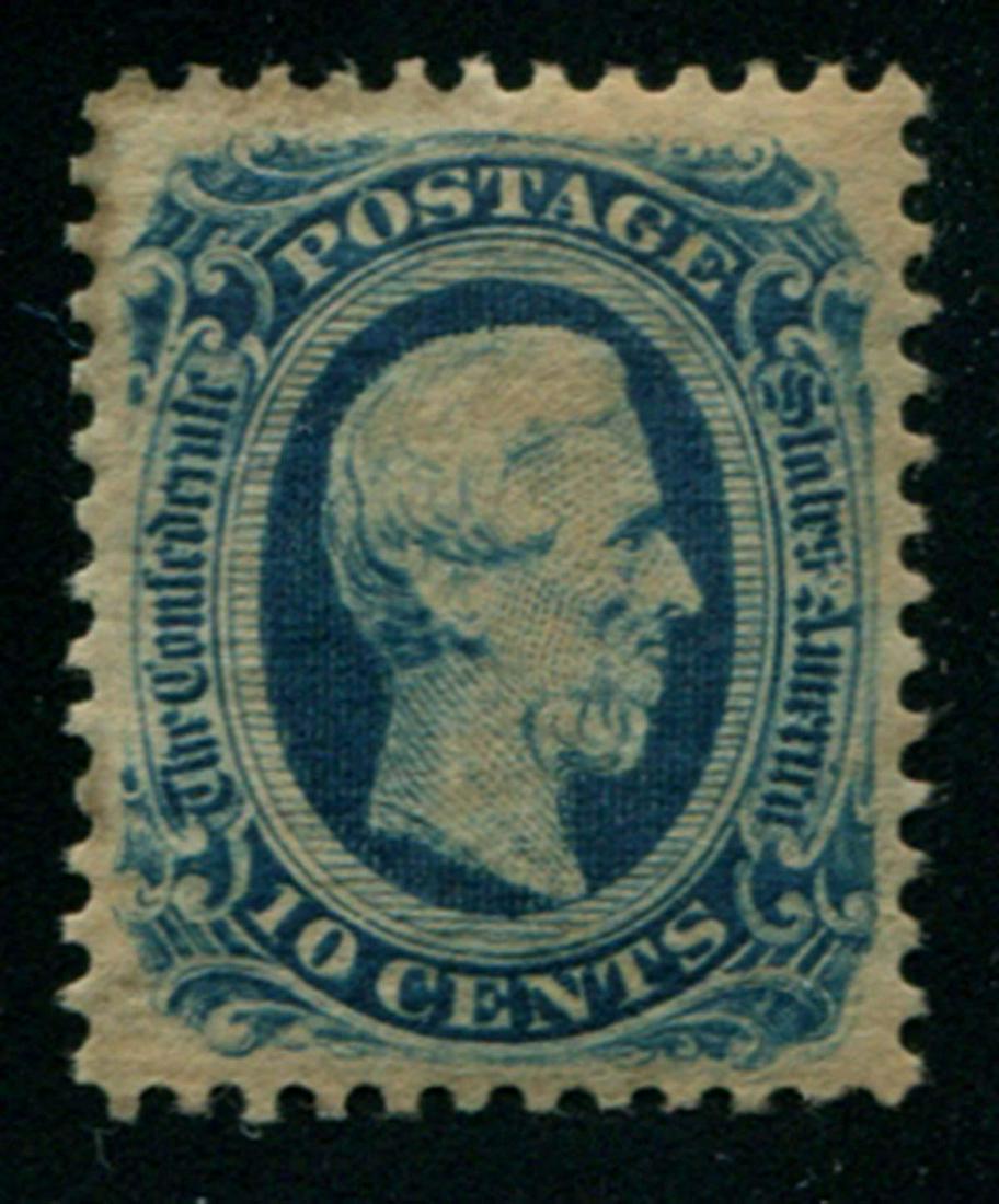 Confederate States 1863 #12f 10c Blue VF Mint: Confederate States 1863 #12f 10c Blue VF Mint with disturbed original gum. An attractive example that is very well centred, with surprisingly strong colour, and a few toned tips UL. Scott- $400. Mediu