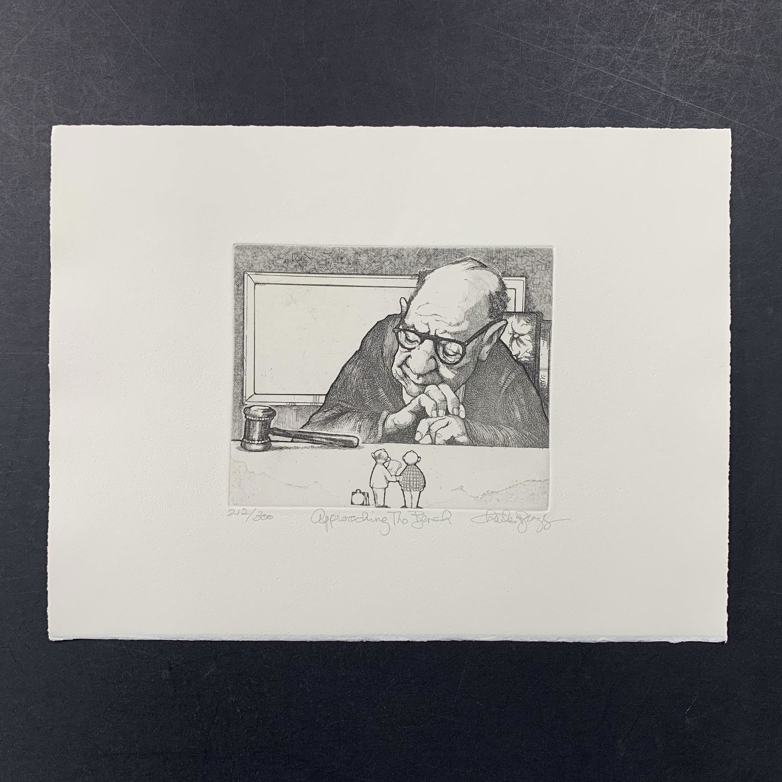 Charles Lynn Bragg's "Approaching the Bench" Limited Edition Print: Charles Lynn Bragg's "Approaching the Bench" limited edition print, signed lower right and numbered 212/300 lower left. This piece is a large judge, with a lawyer and his client in front of him. This