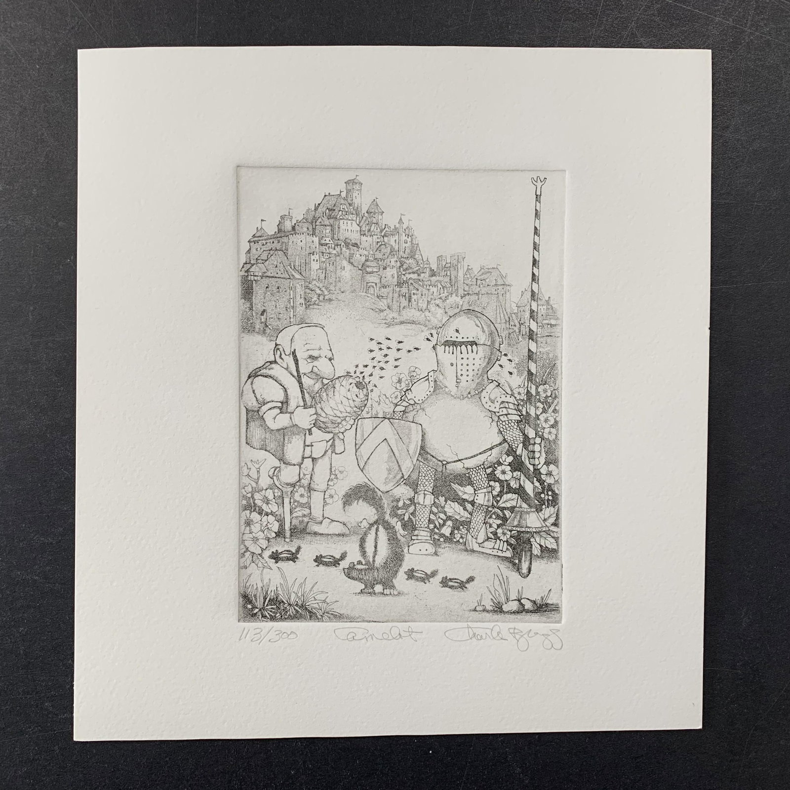 Charles Lynn Bragg's "Camelot" Limited Edition Print: Charles Lynn Bragg's "Camelot" limited edition print, signed lower right and numbered 113/250 lower left. This piece is of a knight and a man who is letting bees out of a hive. This piece is in excell