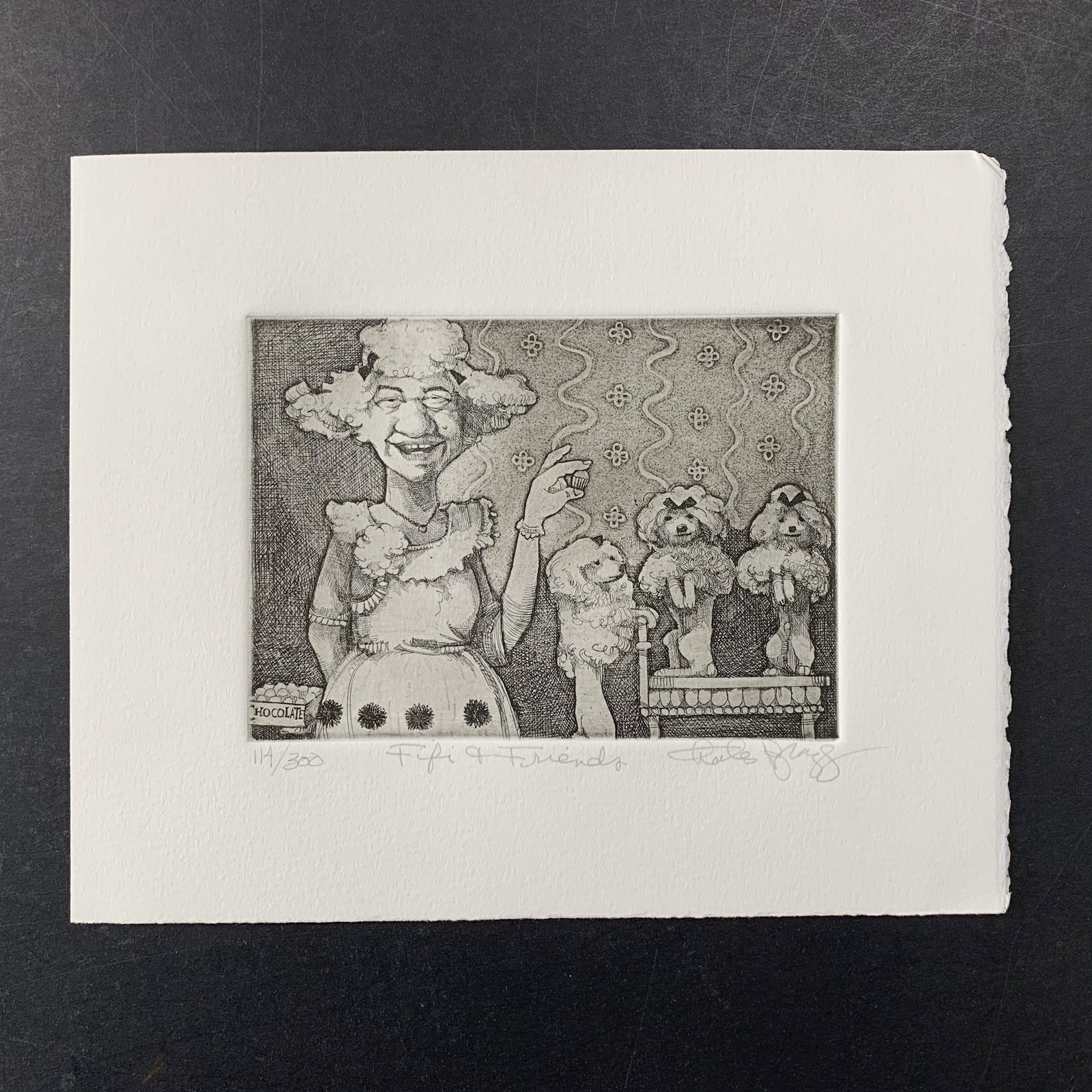 Charles Lynn Bragg's "Fifi and Friends" Limited Edition Print: Charles Lynn Bragg's "Fifi and Friends" limited edition print, signed lower right and numbered 114/300 lower left. This piece is of an older woman with her three dogs. This piece is in excellent condi