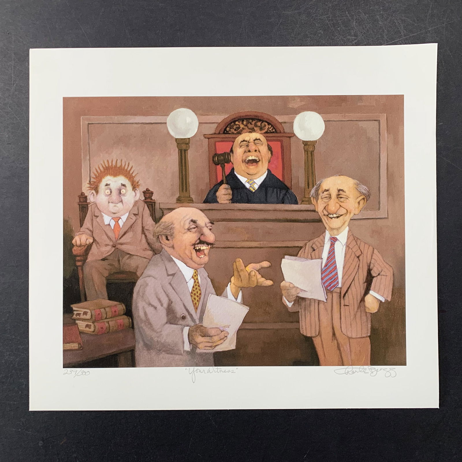 Charles Lynn Bragg's "Your Witness" Limited Edition Print: Charles Lynn Bragg's "Your Witness" limited edition print, signed lower right and numbered 239/300 lower left. This piece is of two lawyers and a judge, with a witness on the stand. This piece is in e