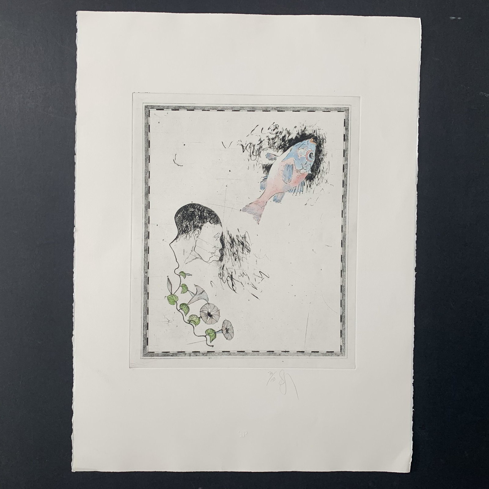 Donald Saff's "Fish" Limited Edition Print: Donald Saff's "Fish" limited edition print, signed numbered 76/150 lower middle. This piece is of a profile of a man's head with a few interesting flowers underneath, and a blue and pink fish upper ri