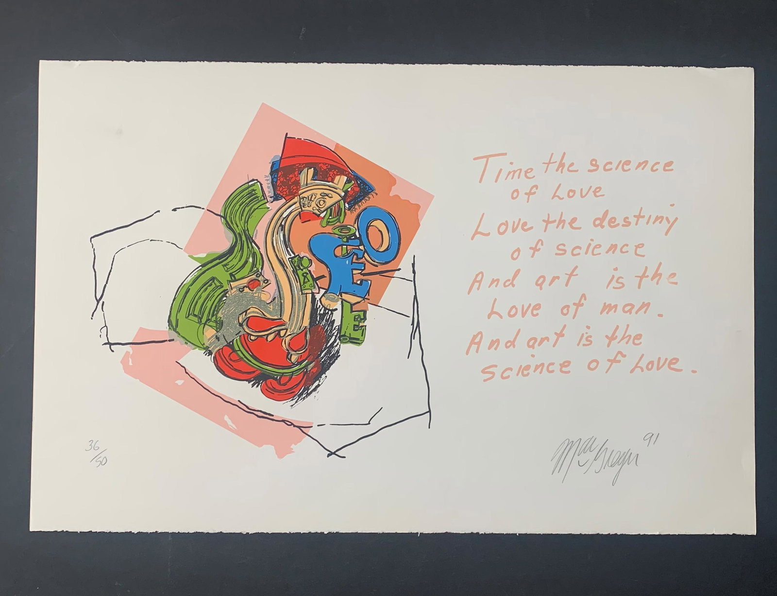 John MacGregor's "Time, Science, Art & Love" Limited Edition Print: John MacGregor's "Time, Science, Art & Love" limited edition print, signed lower right and numbered 36/50 lower left. This piece of abstract type shapes, with the quote "Time the science of love. Love