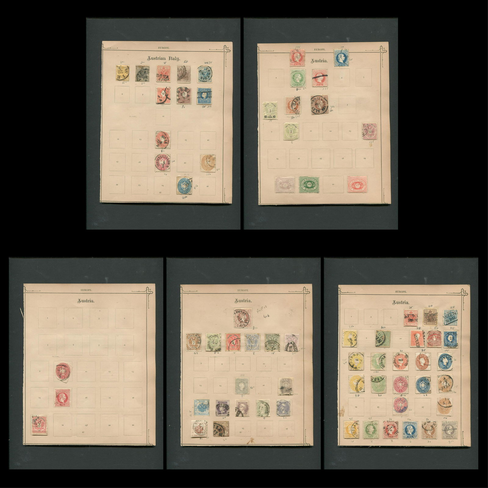 Austria 1850 to 1883, #3 / #46, a used collection on pages, includes some Austria-Lombardy, (1 of 6)