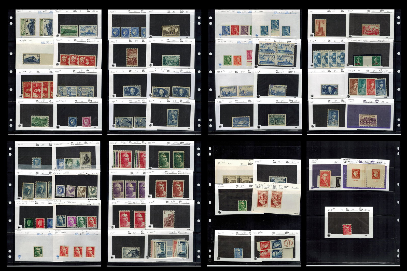 France 1937- 1949, #327 /# 602, a MH /MNH selection on stocksheets: France 1937- 1949, #327 /# 602, a MH /MNH selection on stocksheets, catalogue value 730 Scott 2022, some duplication, otherwise f-vf