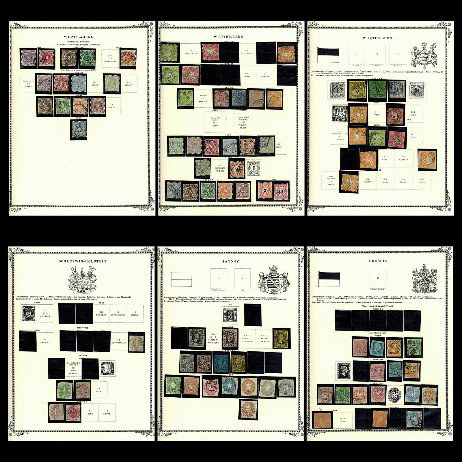 German States 1851-1900, a mainly used accumulation on leaves include Wurtenberg, Scleswif-Holstein, (1 of 7)