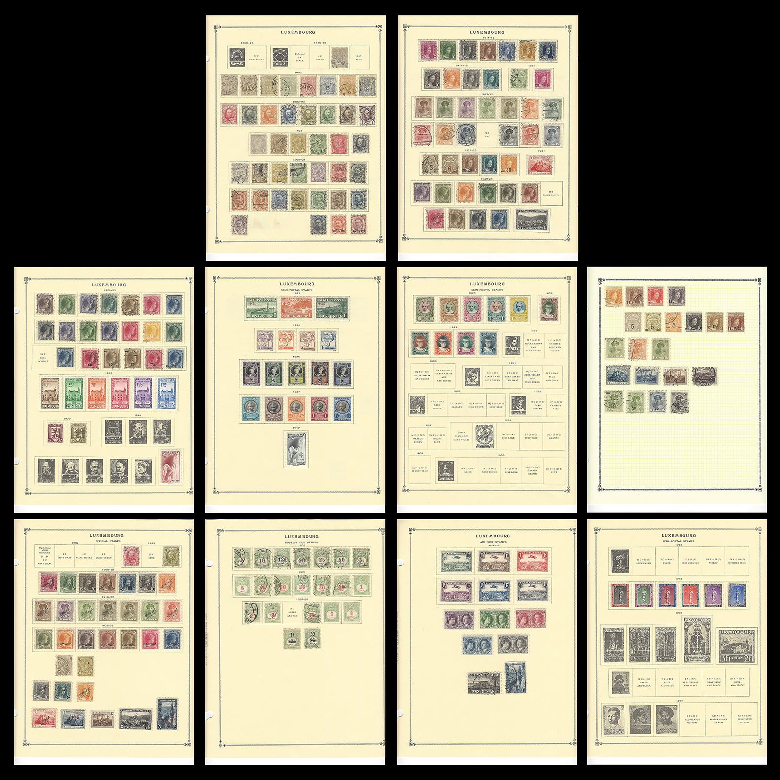 Luxembourg 1879-1940 Accumulation Mint/Used: A mint and used Luxembourg 1879 to 1940 accumulation, neatly hinged onto Scott album pages. Includes #53 used, an attractive grouping of Officials, part sets throughout, as well as Semis, Dues, and Ai
